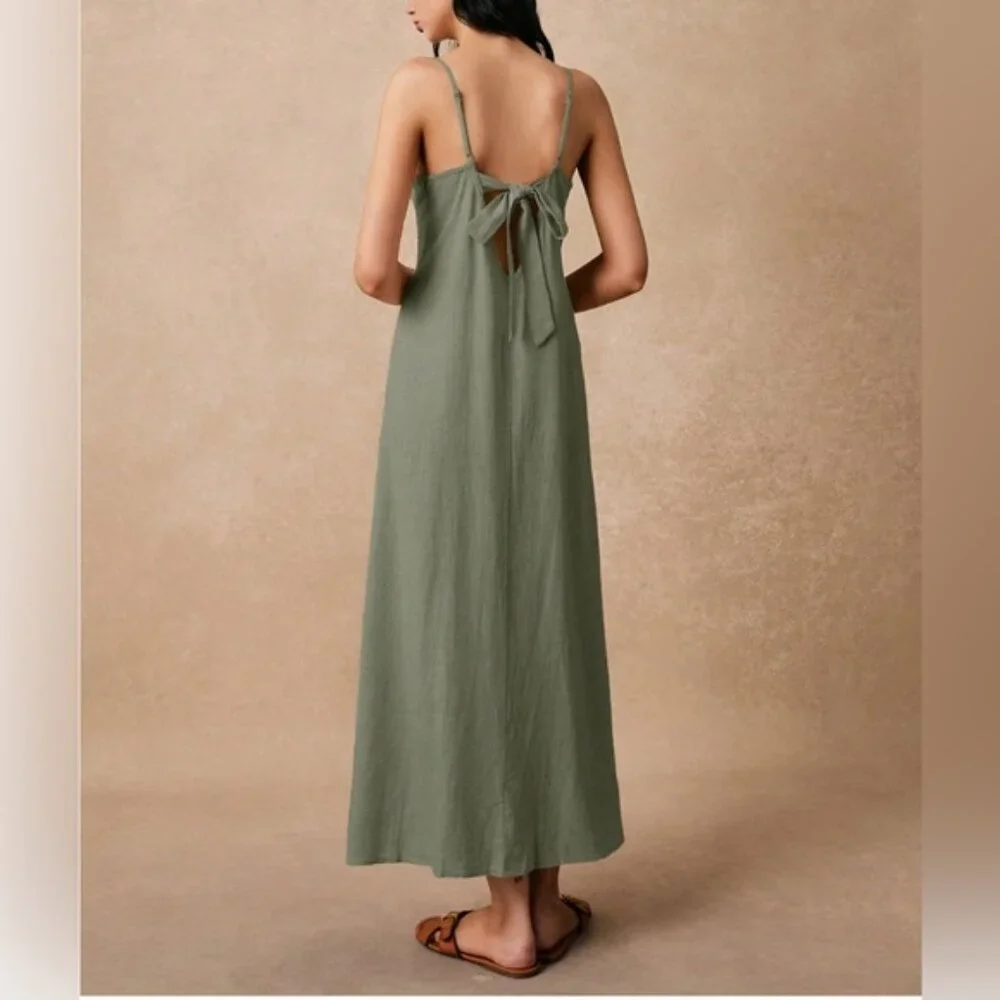 LAST ONE 🔥 Minimalist Sage Green Viscose Linen Blend Maxi Dress - Picture 3 of 8